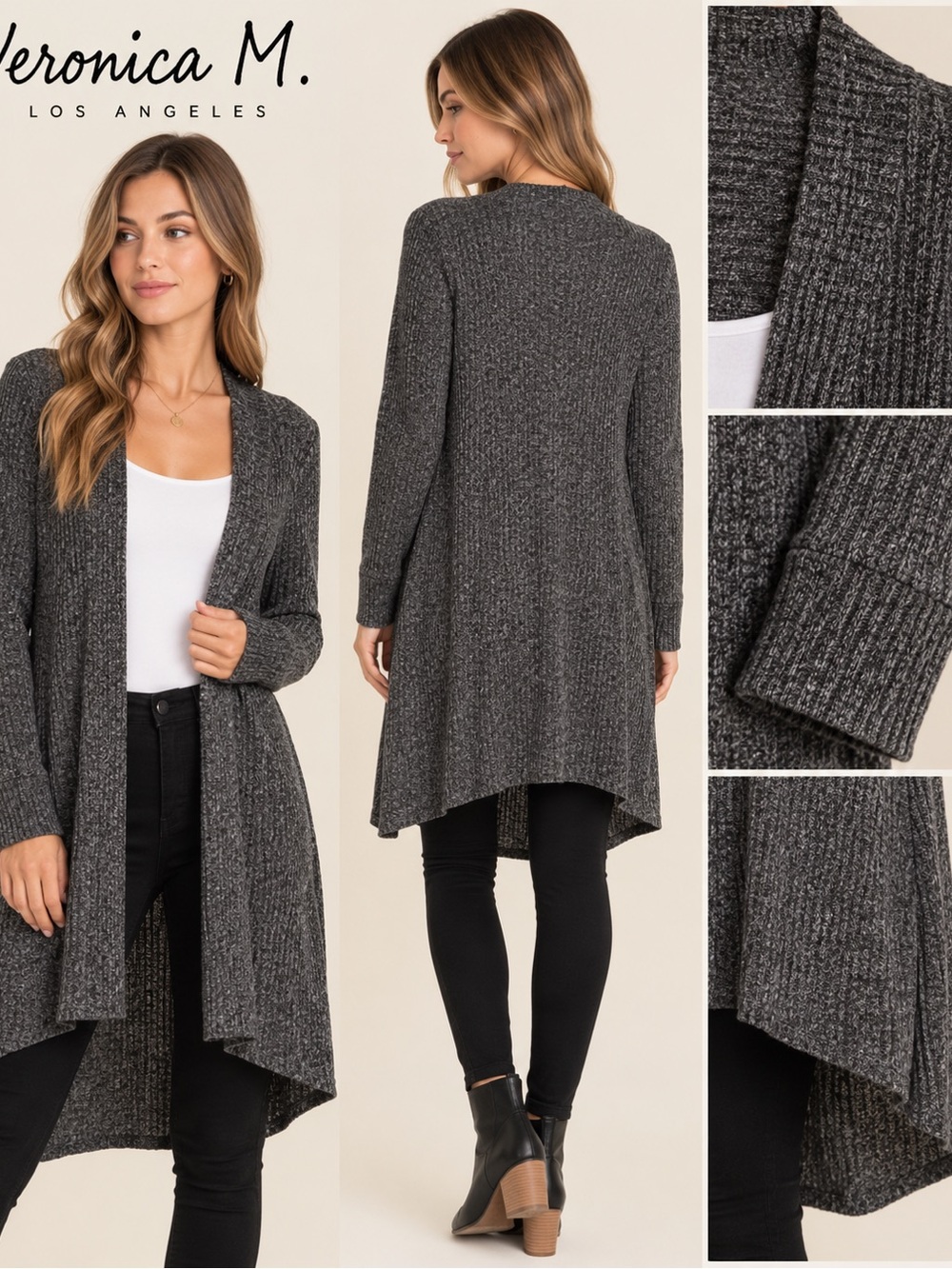Veronica M Charcoal Gray Ribbed Open Front Long Cardigan S
